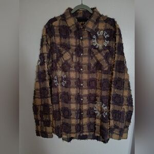 Kleep Men's Frayed Patchwork Shirt - Brown and Purple Plaid SXL